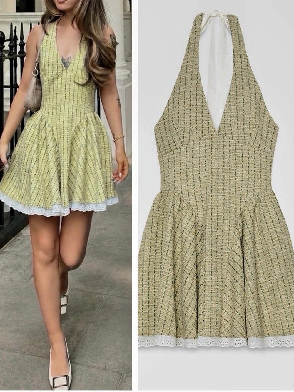 Zara Textured Halter Dress Checkered Mini Dress in Yellow & White Small